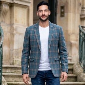 Men's Teal Windowpane Sport Coat - Classic Tailored Blazer